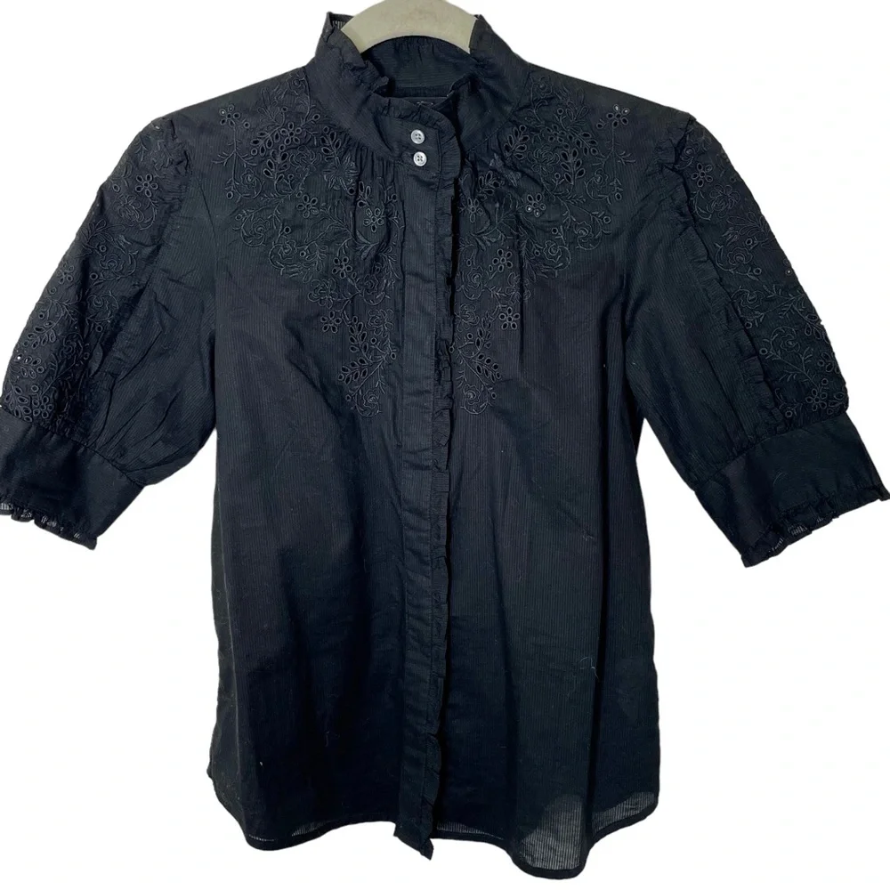 J.‎ Crew Black Cotton Embroidered Mockneck Blouse in Size XXS